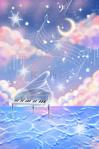 唯美治愈海上钢琴梦幻五线谱音符插画图片-千库网