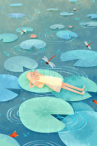夏季荷花池插画图片_夏日女孩躺在荷花池插画