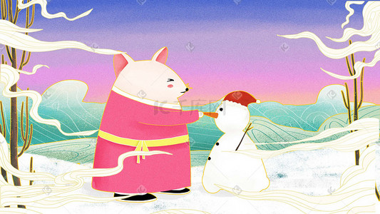 云鼠插画图片_鼠年冬季傍晚老鼠在户外堆雪人