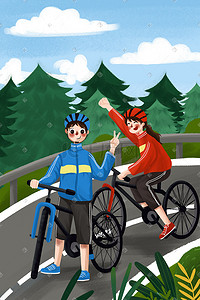 环保绿色出行插画图片_绿色出行骑自行车环保保护环境男生女生健身