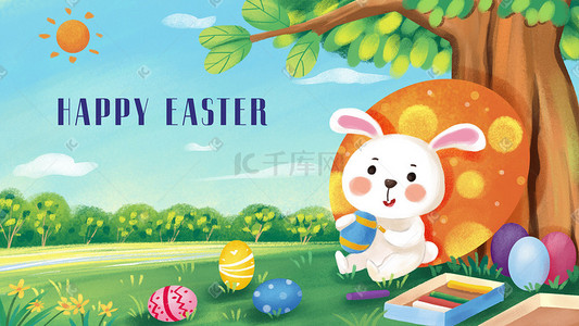 彩蛋海报插画图片_复活节主题之兔子和彩蛋治愈系