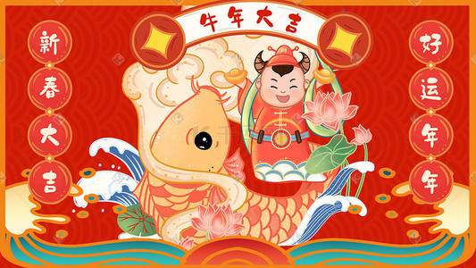 新年红色对联插画图片_牛年新年福娃鲤鱼拜年