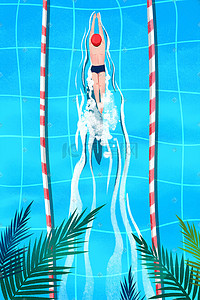 夏季游泳图插画图片_蓝色系卡通手绘风夏景游泳配图