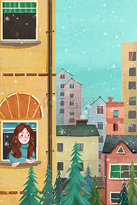 冬天长发女孩在窗边看雪