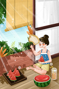 夏天乘凉吃西瓜插画图片_夏天女孩夏日夏季初夏夏至大暑乘凉吃西瓜