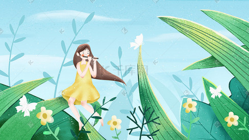 夏景在草丛中吹笛子的女孩小清新插画