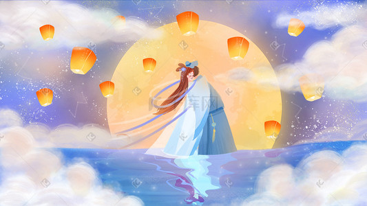 七夕节插画图片_七夕节牛郎织女相会天空背景