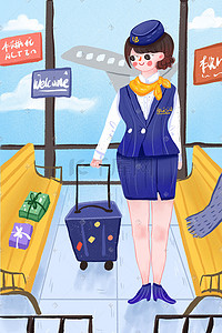 拖插画图片_卡通可爱空姐职业女孩拖着行李箱配图