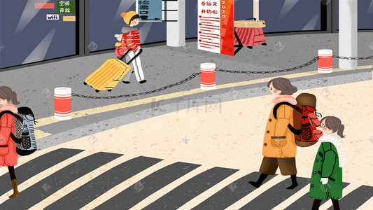带行李的恶人插画图片_春运场景春节人们拿行李火车站出行图