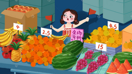 香港夜市插画图片_摆摊卖水果夜市市场
