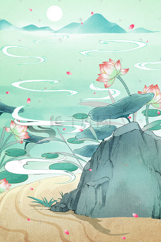 中国风古风工笔神话水墨夏天荷花荷叶河背景