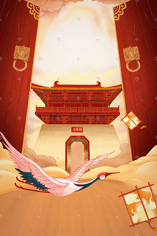 中国风插画图片_新年春节中国风大气场景 建筑 风景 古建筑 中国风