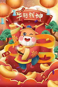 立体剪纸春节插画图片_新年春节2021牛年立体剪纸中国风插画