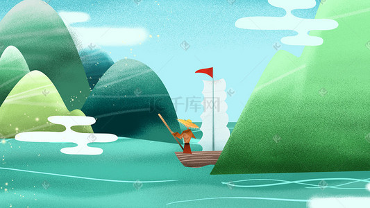 绿色系手绘风夏景渔夫划船配图