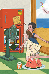 90年代夏天吹风扇的儿童童年冰箱海复古漫画背景