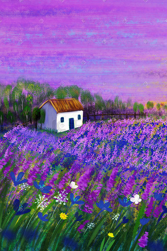 紫色薰衣草花油画风景花海天空夕阳插画背景