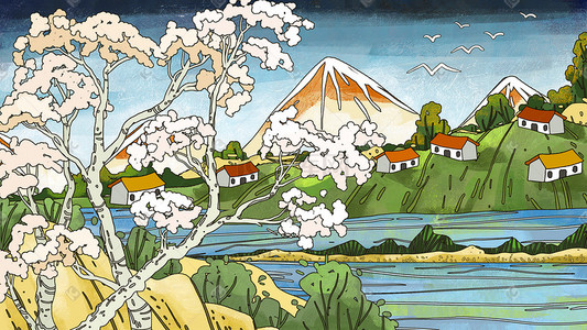 绿色湖面背景插画图片_国潮工笔浮世绘风景手绘背景