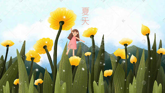 黄色小花朵插画图片_夏季花朵可爱的小女孩