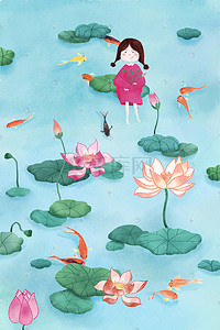 池塘荷叶鱼插画图片_夏天小女孩在池塘里摘莲藕