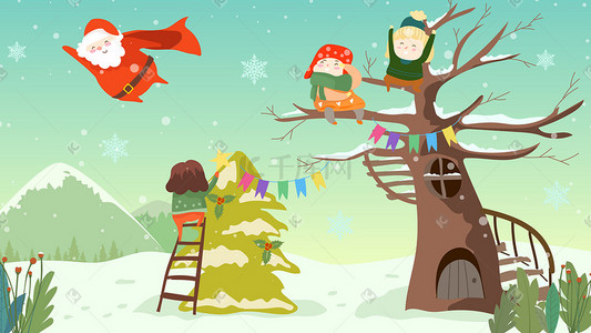 扁平圣诞树插画图片_圣诞老人会飞扁平风插画圣诞