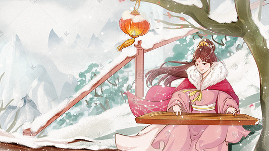 日系美女插画图片_古风水彩节气小雪古代生活冬季女子弹琴