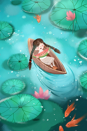 荷塘小船插画-荷塘小船配图-千库网