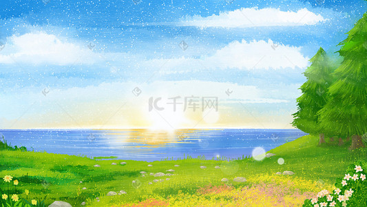 海边太阳插画图片_夏日海边美丽的风景