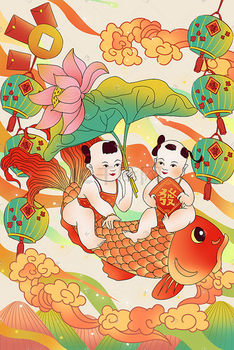 春节热闹年画娃娃