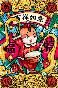 新年2021国潮牛年插画新年牛年2021牛年潮牛来袭插画竖图横图全部版式