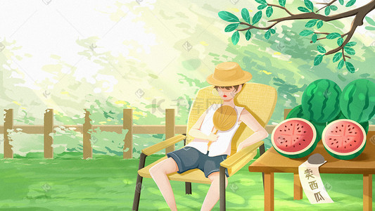 长在树上的西瓜插画图片_绿色节气小暑夏季夏天男孩卖西瓜
