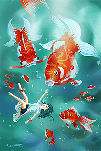 意境插图插画图片_处暑主题水下金鱼与女孩清新治愈系插图