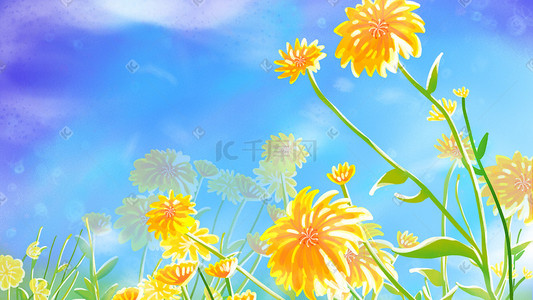 黄色小花朵插画图片_蓝色系夏日小清新黄色花朵天空背景