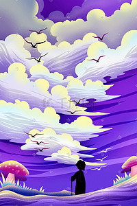 大雁图插画图片_紫色系卡通手绘风缤纷色彩配图