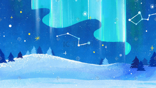 卡通可爱冬天插画图片_儿插卡通可爱治愈企鹅冬天极光下雪