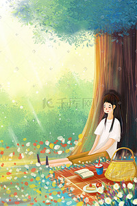 初夏之美插画图片_五月你好主题之坐在湖边的女孩风景