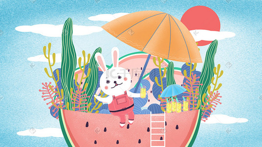 太阳伞卡通插画图片_夏季夏天场景喝冰饮的兔子