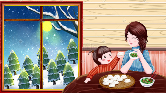 冬至包饺子插画图片_手绘母女冬至包饺子