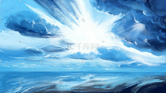 海面蓝色背景插画图片_夏天蓝色天空云空旷海面大海风景插画背景