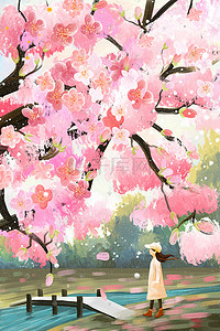 粉色的背景插画图片_樱花三月风景背景