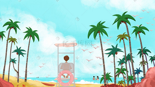 夏日海边沙滩玩耍插画图片_夏日在海边玩耍的游客
