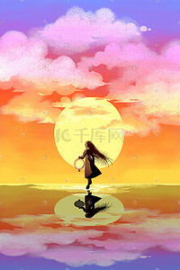 云朵黄色插画图片_黄色天空云夕阳太阳女孩卡通手绘背景