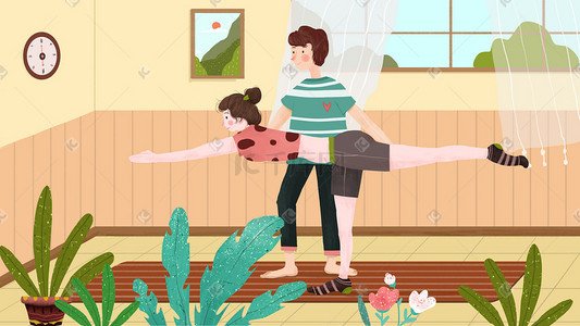 健身的情侣插画图片_一起练瑜伽的情侣