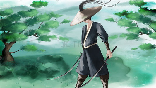 武侠人物插画图片_武侠古风男子山林舞双剑