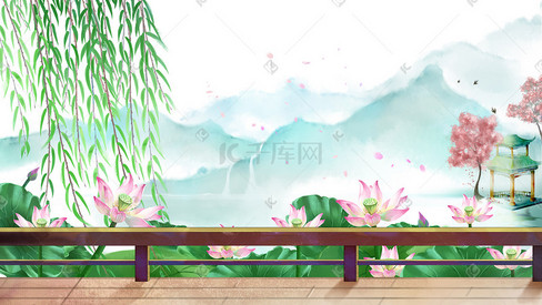中国风夏季荷塘远山国风木桥栈道山水风景