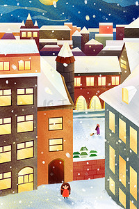 城市房子插画图片_冬天冬至大雪小雪下雪积雪城市建筑女孩遛狗