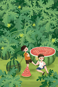 吃西瓜的猪插画图片_夏天夏季西瓜小清新立夏夏至大暑节气