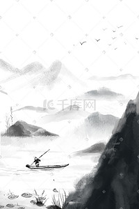 山水画风格插画图片_中国古风水墨风格撑船的船家