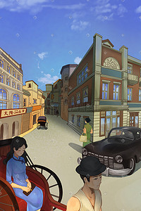 上海世博览会插画图片_民国往事街道风景
