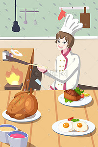 酥不腻烤鸭插画图片_职业人物厨师做饭美食卡通小清新插画