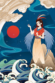中国风工笔神话精卫填海手绘插画背景